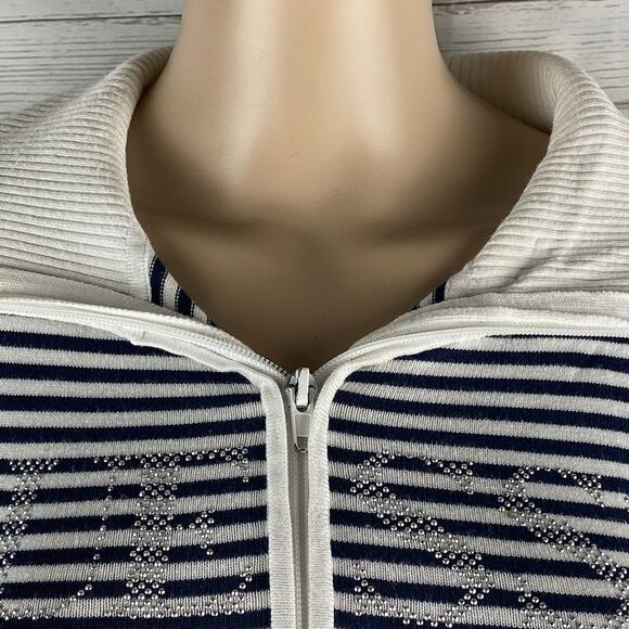 Guess Sweater Jacket Juniors Medium Black White Striped Rhinestone Logo Full Zip - Picture 2 of 12
